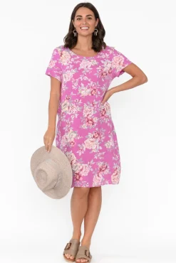 Linen Dresses<Cali and Co Sawyer Pink Blossom Linen Pocket Dress