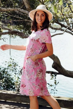 Linen Dresses<Cali and Co Sawyer Pink Blossom Linen Pocket Dress