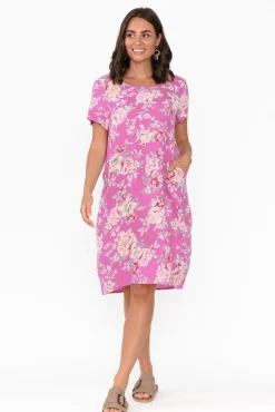 Linen Dresses<Cali and Co Sawyer Pink Blossom Linen Pocket Dress