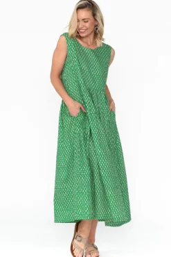 Midi Dresses<Mozaic Serena Green Circle Cotton Dress