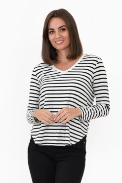 Sleeved Tops<Lou Lou Sia Grey Stripe Bamboo V Neck Top