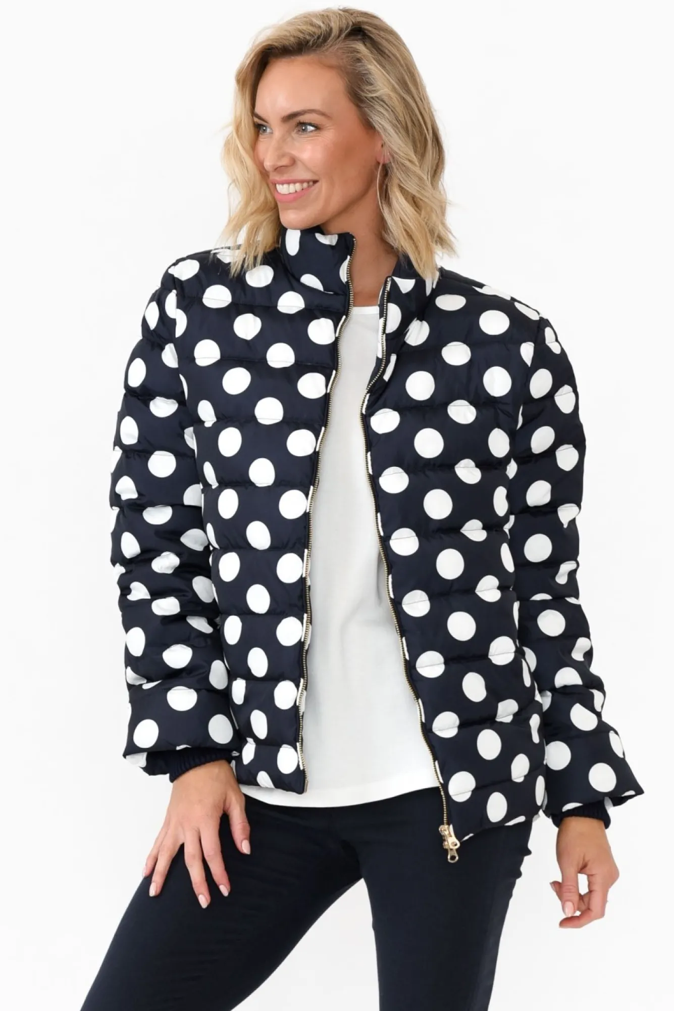 Jackets<Brave u0026 True Sillian Navy Spot Puffer Jacket