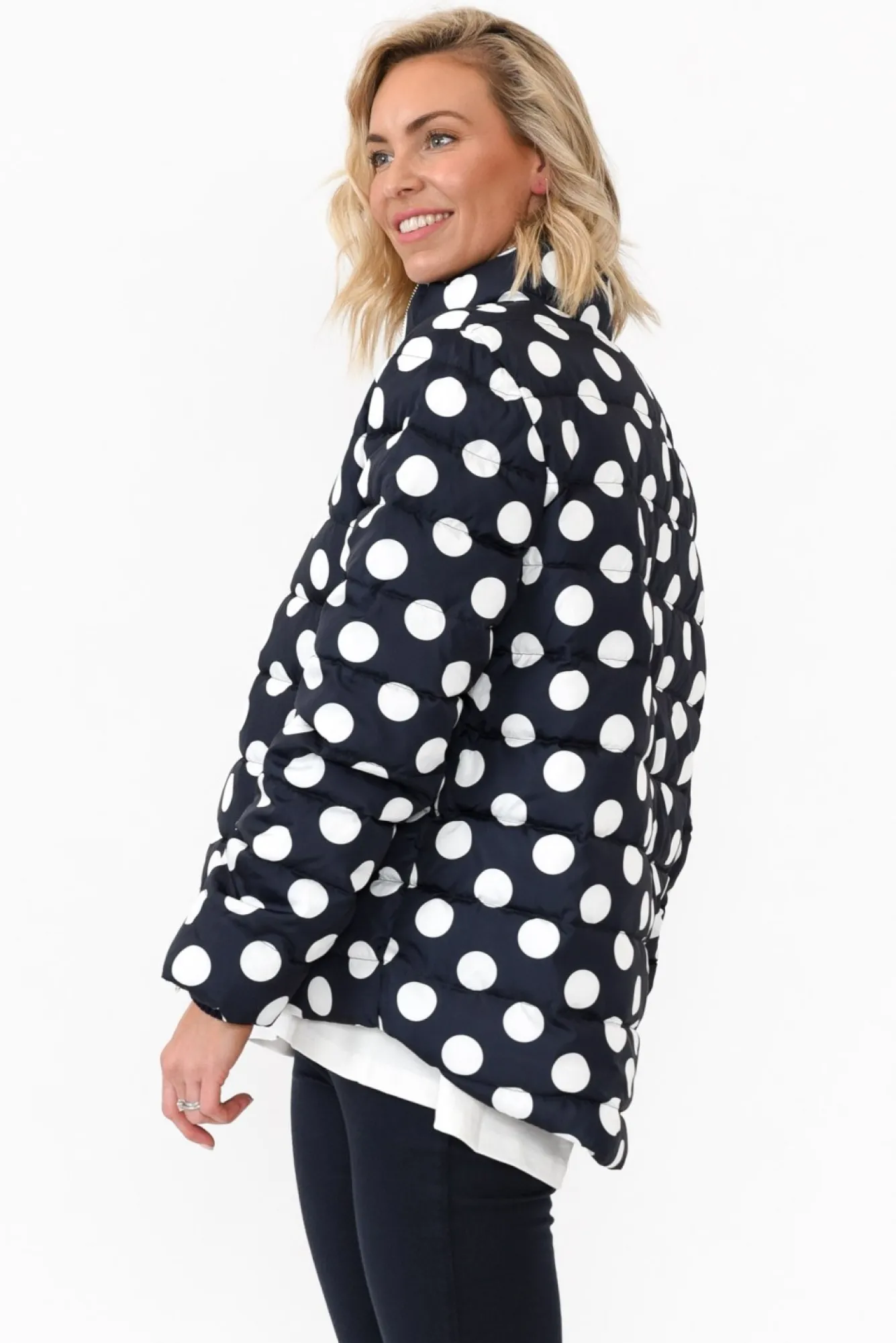Jackets<Brave u0026 True Sillian Navy Spot Puffer Jacket