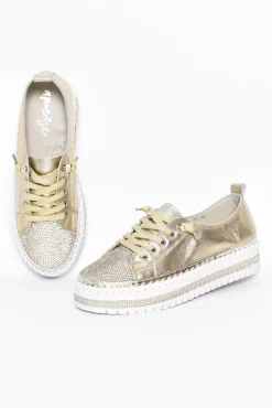 Leather Sneakers<Ameise Sky Gold Leather Diamante Sneaker
