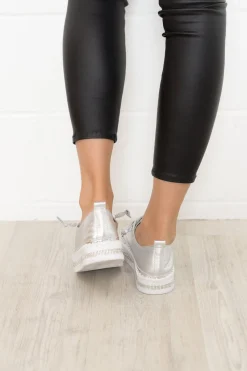 Leather Sneakers<Ameise Sky Silver Leather Diamante Sneaker