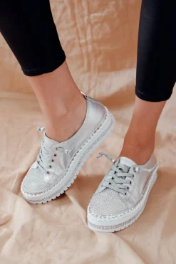 Leather Sneakers<Ameise Sky Silver Leather Diamante Sneaker