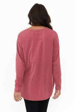 Cotton Tops<Elm Society Deep Pink Cotton Long Sleeve Tee