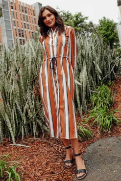 Cotton Dresses<365 Days Sorrento Tan Stripe Cotton Shirt Dress