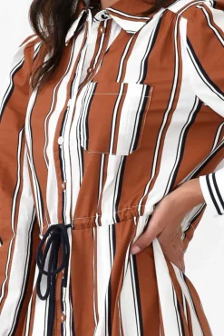 Cotton Dresses<365 Days Sorrento Tan Stripe Cotton Shirt Dress