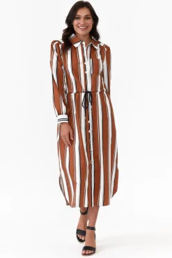 Cotton Dresses<365 Days Sorrento Tan Stripe Cotton Shirt Dress