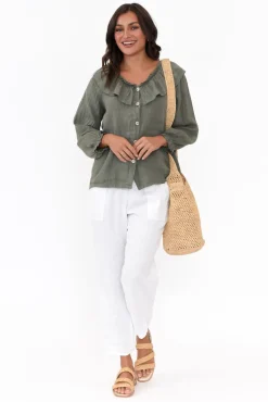 Linen Tops<Fabuler Sullivan Khaki Linen Frill Top