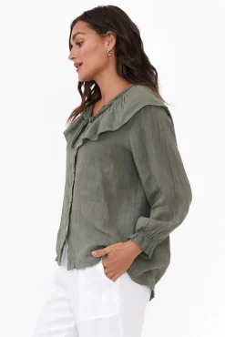 Linen Tops<Fabuler Sullivan Khaki Linen Frill Top