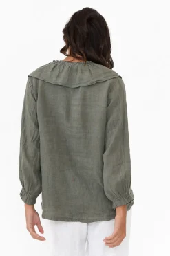Linen Tops<Fabuler Sullivan Khaki Linen Frill Top