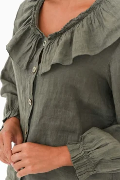 Linen Tops<Fabuler Sullivan Khaki Linen Frill Top