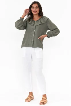 Linen Tops<Fabuler Sullivan Khaki Linen Frill Top