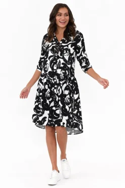 Above Knee Dresses<New U Collection Surrey Black Swirl Shirt Dress
