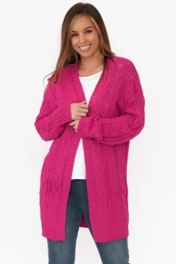 Knitwear<Isabella Boho Sutton Hot Pink Cable Knit Cardigan