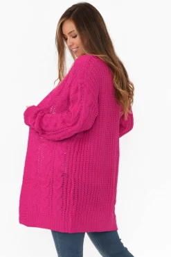 Knitwear<Isabella Boho Sutton Hot Pink Cable Knit Cardigan