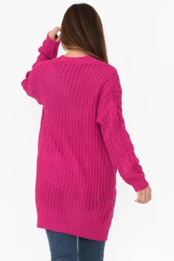 Knitwear<Isabella Boho Sutton Hot Pink Cable Knit Cardigan