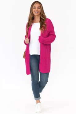 Knitwear<Isabella Boho Sutton Hot Pink Cable Knit Cardigan