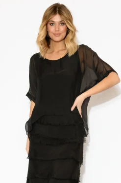 Sleeved Tops<La Strada Talia Black Silk Layer Top