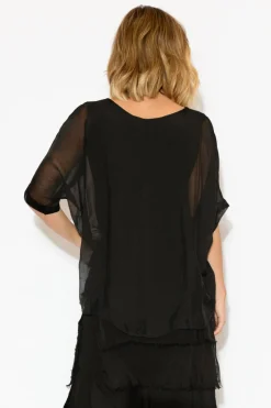 Sleeved Tops<La Strada Talia Black Silk Layer Top