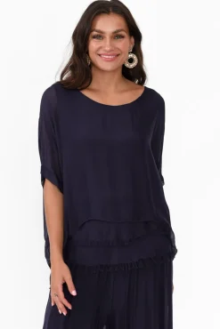 Sleeved Tops<La Strada Talia Navy Silk Layer Top