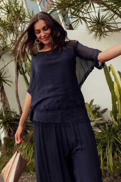 Sleeved Tops<La Strada Talia Navy Silk Layer Top