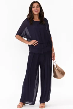 Sleeved Tops<La Strada Talia Navy Silk Layer Top