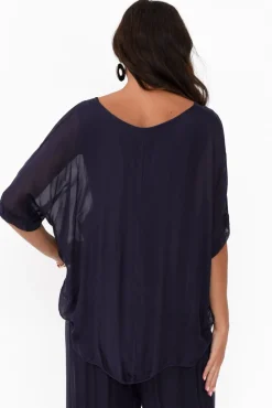 Sleeved Tops<La Strada Talia Navy Silk Layer Top