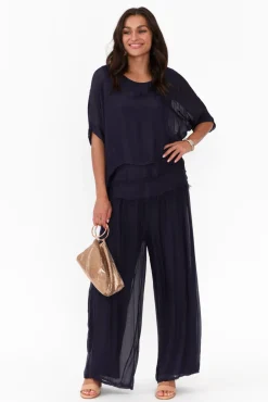 Sleeved Tops<La Strada Talia Navy Silk Layer Top