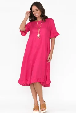 Above Knee Dresses<Ruby Rain Tamsen Hot Pink Linen Cotton Ruffle Dress