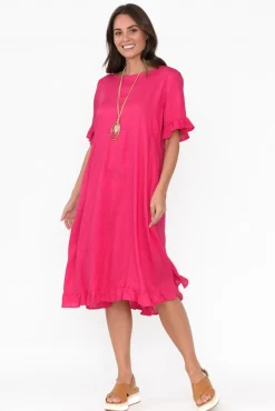 Above Knee Dresses<Ruby Rain Tamsen Hot Pink Linen Cotton Ruffle Dress