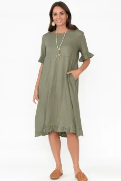 Above Knee Dresses<Ruby Rain Tamsen Khaki Linen Cotton Ruffle Dress