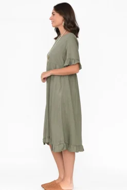 Above Knee Dresses<Ruby Rain Tamsen Khaki Linen Cotton Ruffle Dress