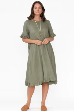 Above Knee Dresses<Ruby Rain Tamsen Khaki Linen Cotton Ruffle Dress