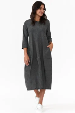 Below Knee Dresses<Tirelli Tatum Black Stripe Cotton Diagonal Dress