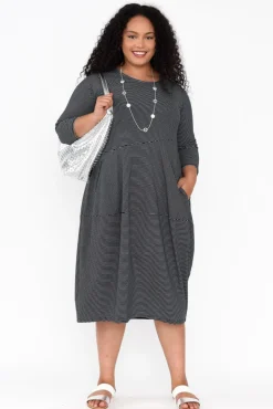 Below Knee Dresses<Tirelli Tatum Black Stripe Cotton Diagonal Dress