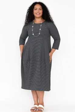 Below Knee Dresses<Tirelli Tatum Black Stripe Cotton Diagonal Dress