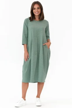 Cotton Dresses<Tirelli Tatum Green Stripe Cotton Diagonal Dress