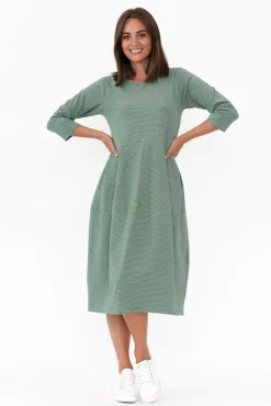 Cotton Dresses<Tirelli Tatum Green Stripe Cotton Diagonal Dress