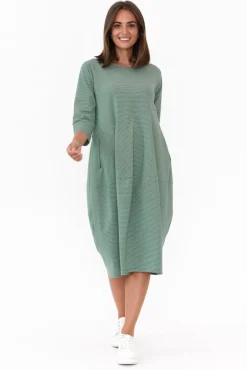 Cotton Dresses<Tirelli Tatum Green Stripe Cotton Diagonal Dress