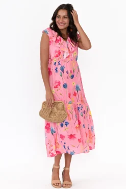 Cotton Dresses<Liberty Rose Thea Pink Flower Cotton Poplin Frill Dress