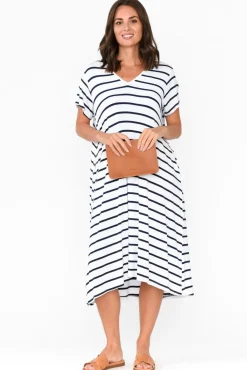 Midi Dresses<PQ Tiffany White Stripe Bamboo Tee Dress