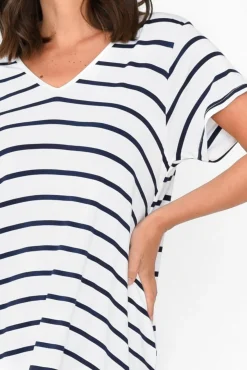 Midi Dresses<PQ Tiffany White Stripe Bamboo Tee Dress