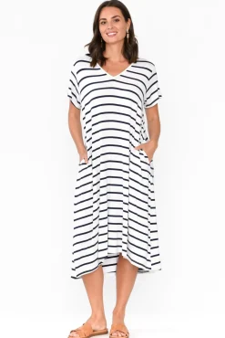 Midi Dresses<PQ Tiffany White Stripe Bamboo Tee Dress