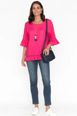 Linen Tops<Ruby Rain Tinker Hot Pink Linen Cotton Ruffle Top