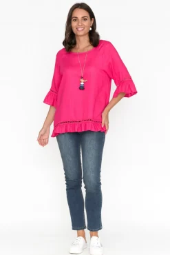 Linen Tops<Ruby Rain Tinker Hot Pink Linen Cotton Ruffle Top