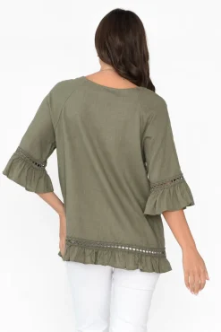 Linen Tops<Ruby Rain Tinker Khaki Linen Cotton Ruffle Top