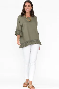 Linen Tops<Ruby Rain Tinker Khaki Linen Cotton Ruffle Top